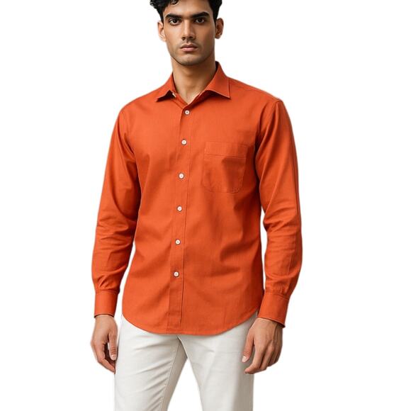 Pronto Uomo Men's Orange Long Sleeve Collar Button Down Pocket Shirt Top Size 16 - Picture 1 of 4